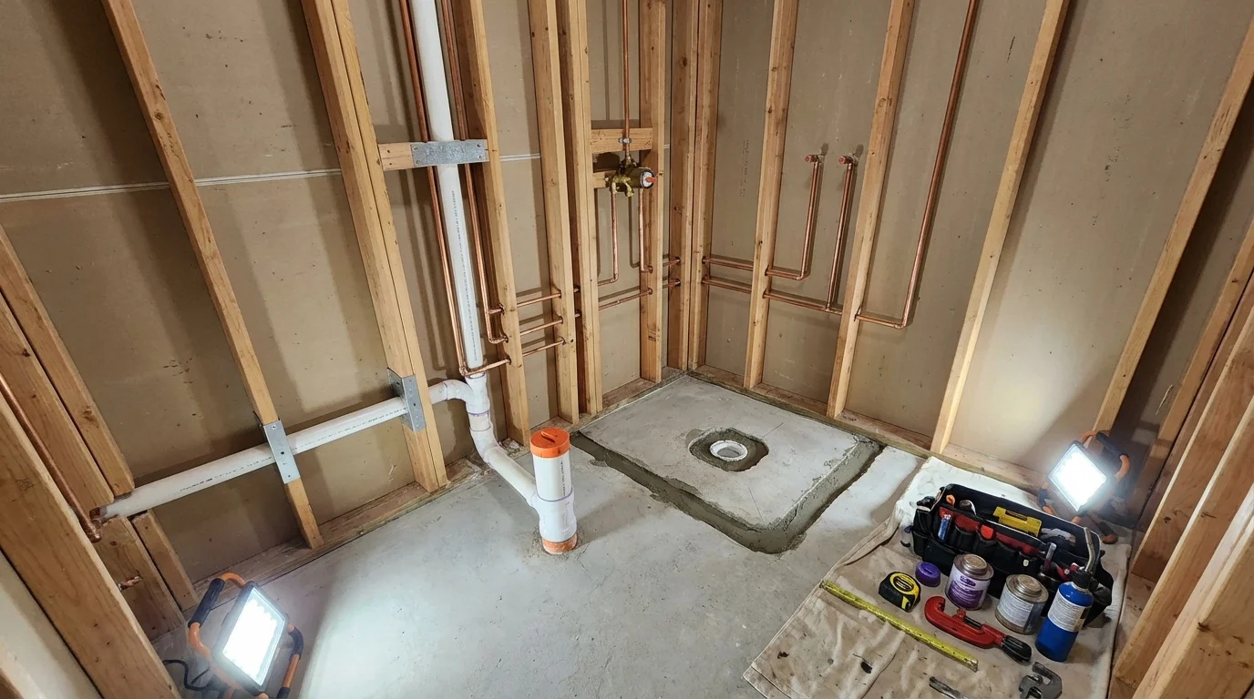 Bathroom rough-in plumbing during remodel by Johns Plumbing LLC in San Saba