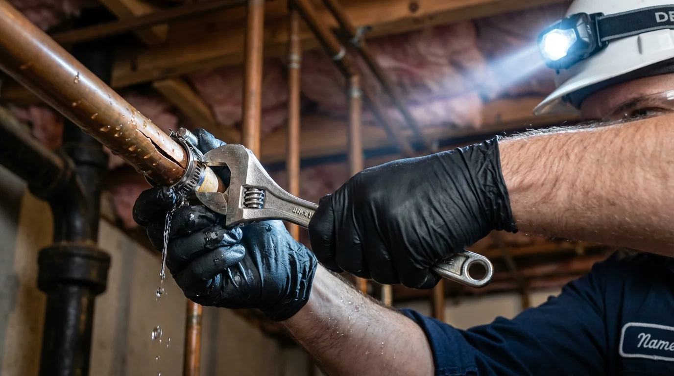 Emergency pipe clamp repair being performed by a Johns Plumbing LLC plumber in San Saba