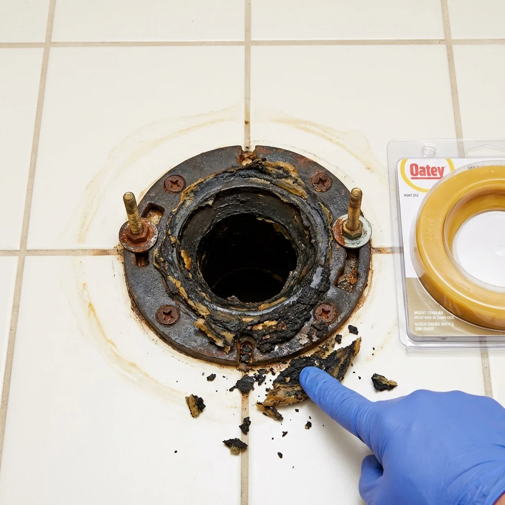 Failed wax ring showing water seepage at the base of a toilet in a San Saba, TX home